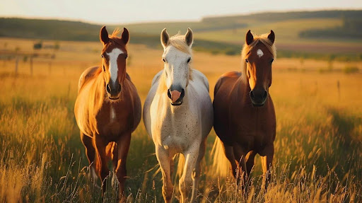 Three loose horses walking through golden pasture grass at sunset on the ridge above Daly City