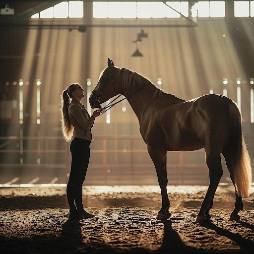 A young woman standing nose to nose with a dark horse in a sunlit barn aisle at Ocean View Stables in Daly City, California
