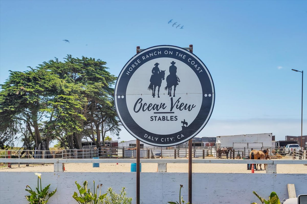 The Ocean View Stables entrance sign reading Horse Ranch on the Coast, Daly City, California